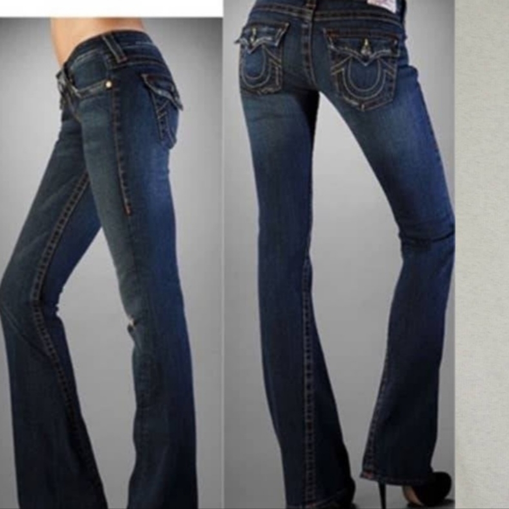 True Religion Med to Dark Blue Joey Twist Distressed Flare Jeans RN#112790 Sz 31